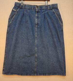 VTG 80s 90s Chic Denim Midi Skirt Pleated High Waist Medium Wash USA Made Sz 20